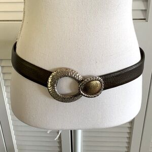 Chico’s Interlock Buckle Slouch Belt Women’s Brown Leather Hammered Mixed Metal